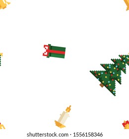 Christmas pixel seamless pattern. Arcade games New year and Xmas decoration elements.  80s 90s style