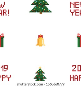 Christmas pixel seamless pattern. Arcade games New year and Xmas decoration elements. Trees snowman candles santa, gifts and wteath.