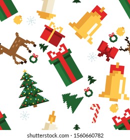 Christmas pixel seamless pattern. Arcade games New year and Xmas decoration elements. Trees snowman santa, gifts and wteath. 80s 90s style