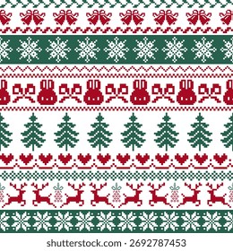 Christmas Pixel Seamless Pattern with Nordic Knitted Design