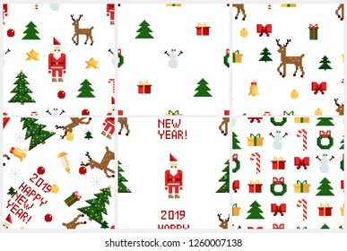 Christmas pixel seamless pattern set. Arcade games New year and Xmas decoration elements. Trees snowman candles santa, gifts and wteath. 80s 90s style