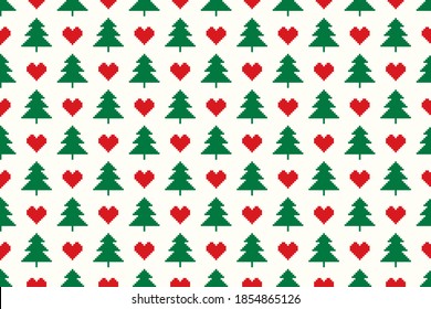 Christmas Pixel Seamless Pattern. Christmas Trees and Hearts Argyle Ornament. Vector Seamless Holiday Design Background