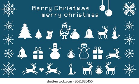 Christmas pixel set. Santa claus with bag of gifts. Festive fir trees with geometric new years snowflakes. Burning holiday candle with bell and sock. Pixelated joyful snowman and vector deer