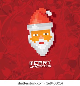 Christmas pixel style hipster poster for party or greeting card. Pixel art merry christmas Vector illustration. Pixel santa claus with beard and mustache