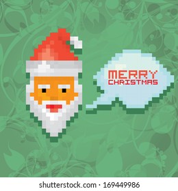 Christmas pixel style hipster poster for party or greeting card. Pixel art merry christmas Vector illustration. Pixel santa claus with beard and mustache on frozen winter background