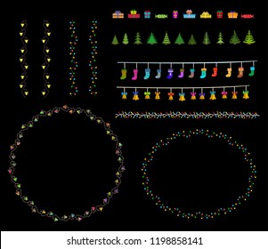 Christmas pixel style icons set on the black background. Vector illustration