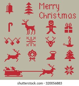 Christmas pixel style icons set, winter pattern pixels.