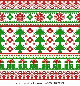 Christmas pixel style pattern. festive theme. embroidery style tree design. for decoration, illustration, wallpaper, card, poster. Christmas background.