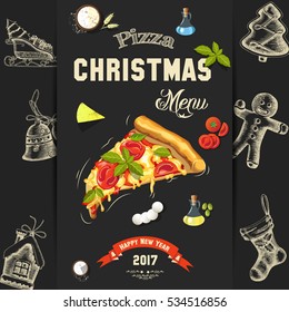 Christmas pizza menu. Merry christmas and a happy new year. It can be used as an advertisement or banner. Sketch. Hand-drawn symbols, engraving, hatching. Vector card.