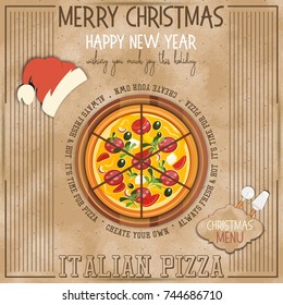 Christmas Pizza Menu. Merry Christmas and Happy New Year Kraft Card. Vector Illustration.