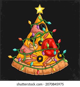 Christmas pizza tree Delectable slice of pizza surrounded by Christmas tree lights