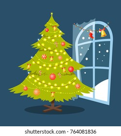 Christmas placard with evergreen pine tree and window decorated with garlands and bell with red sock, atmosphere isolated on vector illustration