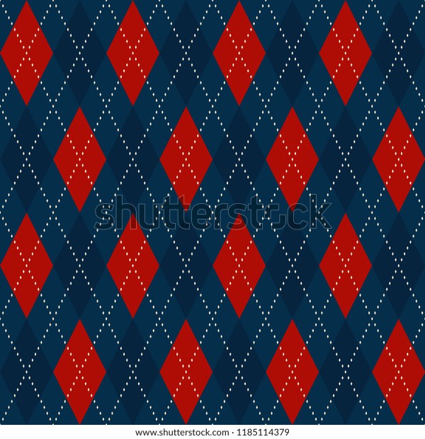 Christmas plaid argyle pattern. Royal blue ardent\
red diamond motif. Vintage atmosphere ornament small check golden\
stitches. Home holiday decoration, interior textile, fabric cloth,\
invitation card.