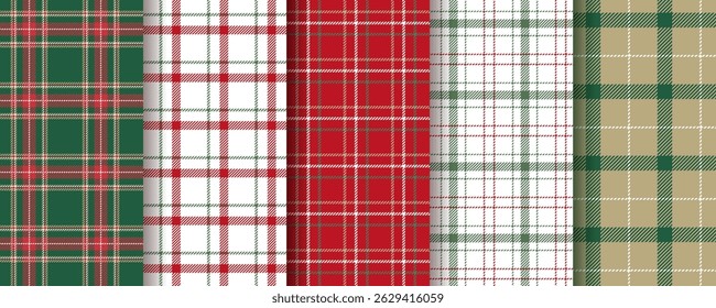 Christmas plaid background. Check seamless patterns. Red green lumberjack tablecloth. Set gingham fabric prints. Tartan shirt cloth. Classic flannel textures. Geometric backdrop. Vector illustration