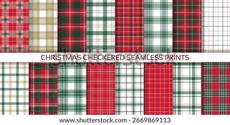 Christmas plaid background. Check seamless patterns. Red green lumberjack tablecloth. Classic flannel textures. Set gingham fabric prints. Tartan shirt cloth. Geometric backdrop. Vector illustration