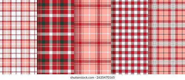 Christmas plaid background. Red green seamless patterns. Check tartan cloth texture. Flannel shirt textile. Set gingham fabrics. Lumberjack buffalo print. Vichy checkered backdrop. Vector illustration