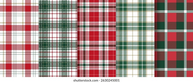 Christmas plaid background. Tartan seamless pattern. Lumberjack check tablecloth. Flannel red green texture. Gingham fabrics. Shirt textile. Buffalo abstract design. Vichy prints. Vector illustration
