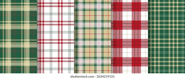 Christmas plaid background. Tartan seamless pattern. Flannel texture. Lumberjack print. Set gingham fabric. Check red green cloth. Shirt textile backdrops. Vichy tablecloth. Vector illustration