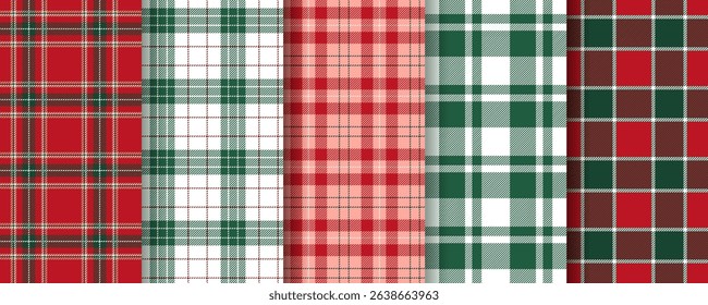 Christmas plaid background. Tartan seamless pattern. Lumberjack check tablecloth. Flannel red green texture. Gingham abstract fabrics. Shirt buffalo textile. Vichy cloth prints. Vector illustration.