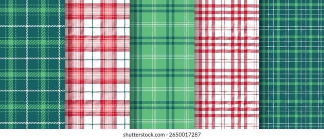 Christmas plaid background. Tartan seamless patterns. Set lumberjack prints. Flannel green red textures. Shirt textile. Checkered cloth. Vichy fabrics. Gingham check tablecloth. Vector illustration