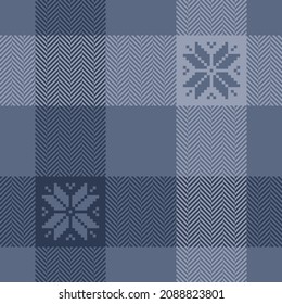 Christmas plaid pattern in blue with nordic snowflake motif. Seamless herringbone textured buffalo tartan check for scarf, flannel shirt, blanket, duvet cover, other winter fashion textile design.