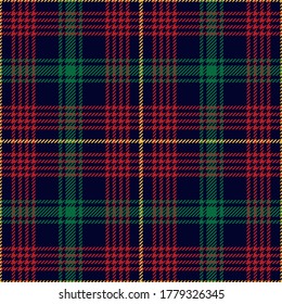 Christmas plaid pattern in blue, red, green, yellow. Seamless vector striped texture tartan check plaid for flannel shirt, blanket, duvet cover, skirt, or other New Year textile design.