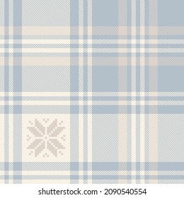 Christmas plaid pattern with fair isle snowflake motif in soft cashmere beige and blue. Seamless herringbone textured tartan for blanket, duvet cover, scarf, other winter holiday fabric design.