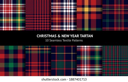 Christmas plaid patterns in red, green, blue, yellow. Seamless multicolored dark tartan checked backgrounds for flannel shirt, skirt, duvet cover, pyjamas, or other modern winter fashion fabric print.