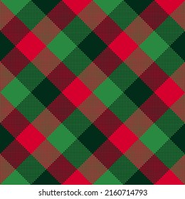 Christmas Plaid seamless patten. Vector checkered red and green plaid textured background. Traditional diagonal fabric print. Flannel winter plaid texture for fashion, print, design