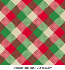 Christmas Plaid seamless patten. Vector checkered red and green plaid textured background. Traditional twill fabric print. Flannel winter diagonal plaid texture for fashion, print, design