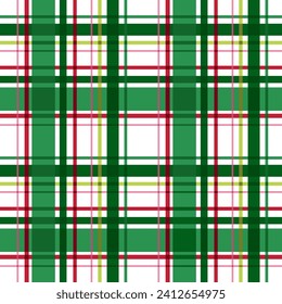 Christmas plaid seamless pattern in green, red colors. Cozy winter checkered repeat background. Vector winter time traditional flannel design, Scottish ornament, check, gingham tartan print, wallpaper