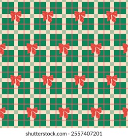 Christmas plaid seamless pattern in green, red colors with coquette bow. Cozy winter checkered repeat background. Vector winter time traditional flannel design, Scottish ornament, check, gingham print