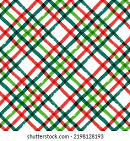 Christmas plaid stripes pattern, seamless brush texture gingham background, red and green geometric tartan, gift paper vector