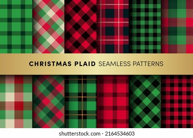 Christmas Plaids seamless pattens set. Vector Checkered, Buffalo, Tartan red and green plaids textured background. Traditional fabric print collection. Holiday plaid texture for fashion, design, print