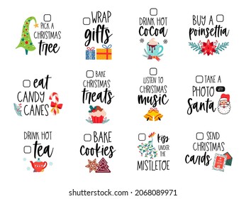 Christmas planner to do list. Diary stickers. Winter bucket list. Holiday family quote set. Vector card with cute text about Santa and Christmas. Doodle style. Isolated on white background. 