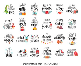 Christmas planner to do list. Diary stickers. Winter bucket list. Holiday family quote set. Vector card with cute text about Santa and Christmas. Doodle style. Isolated on white background. 