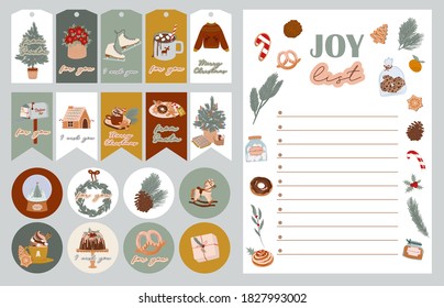 Christmas Planner, Joy list, gift tags, stickers, labels with cute winter scandinavian illustrations. Cozy winter season decor. Editable vector illustration.