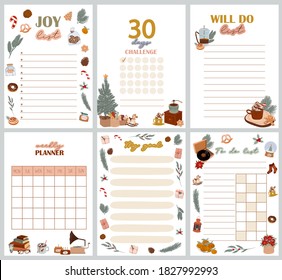 Christmas Planner, Organizer and Schedule with Joy list, 30 days challenge, Will do list, My goals list, to do list with cute winter scandinavian illustrations. Editable vector illustration.