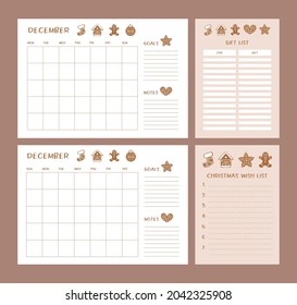 Christmas planner pages set. December monthly planner, gift list and wish list. Printable Christmas kit decorated by gingerbread cookies. Vector illustration. Winter set.