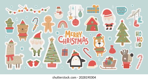 Christmas planner Stickers the collection in a cute style with traditional elements of Christmas and New Year Vector illustration