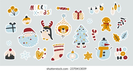 Christmas planner stickers collection. Funny cute characters and decor in a simple hand-drawn modern childish style. Vector illustration in limited trend palette