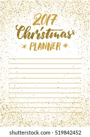 Christmas planner template for 2017 New Year cards, scrapbooking, invites. White golden glitter colors.