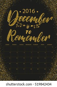 Christmas planner template. December to remember calendar for New Year cards, scrapbooking, invites. Black, gold glitter colors.