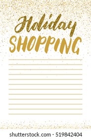 Christmas planner template. Holiday shopping list for 2017 New Year cards, scrapbooking, invites. White, golden glitter colors.