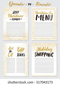Christmas planner templates set. Xmas Eve menu, to do list, gift ideas, holiday shopping list for 2017 New Year cards, scrapbooking, invites. White, golden glitter colors.