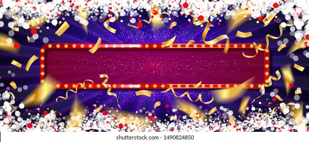Christmas planning concept mock up. Note on dark background with washi tape, gold stars confetti, serpentine and glitter snowflakes. Place for text flat lay