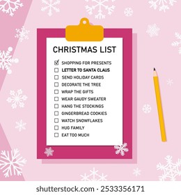 Christmas plans checklist. Vector Christmas to do list clipboard.