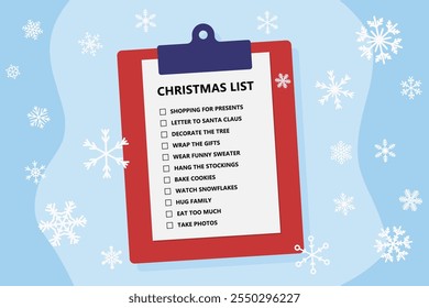 Christmas plans checklist. Vector Christmas to do list clipboard.