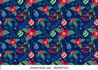 Christmas plant and Christmas ball on blue background seamless pattern for fabric textile wallpaper.