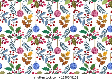 Planta de Navidad y bola de Navidad sin costura para papel de pared textil de tela.